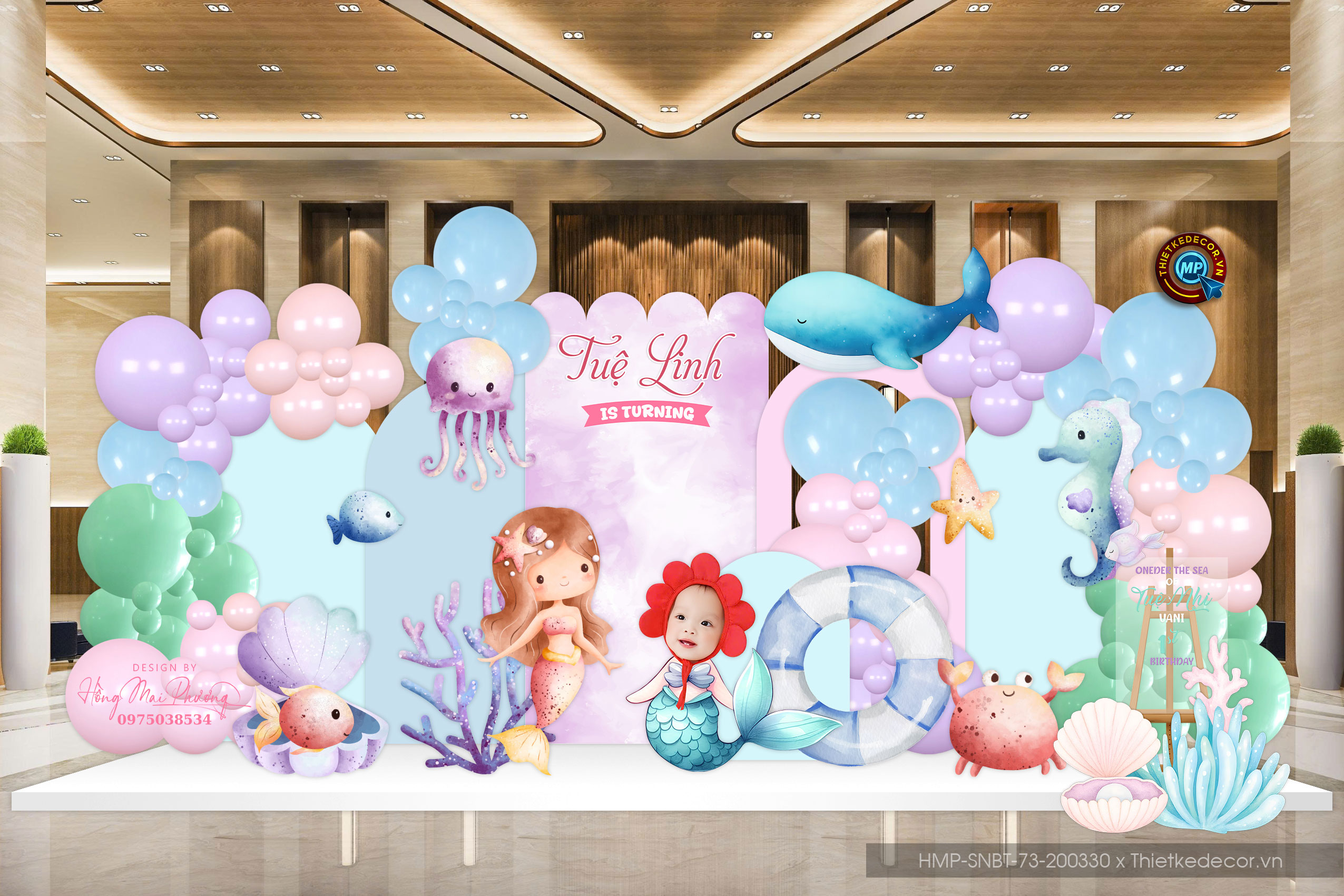 Trang trí tiệc sinh nhật. File thiết kế Backdrop sinh nhật bé gái chủ đề tiên cá